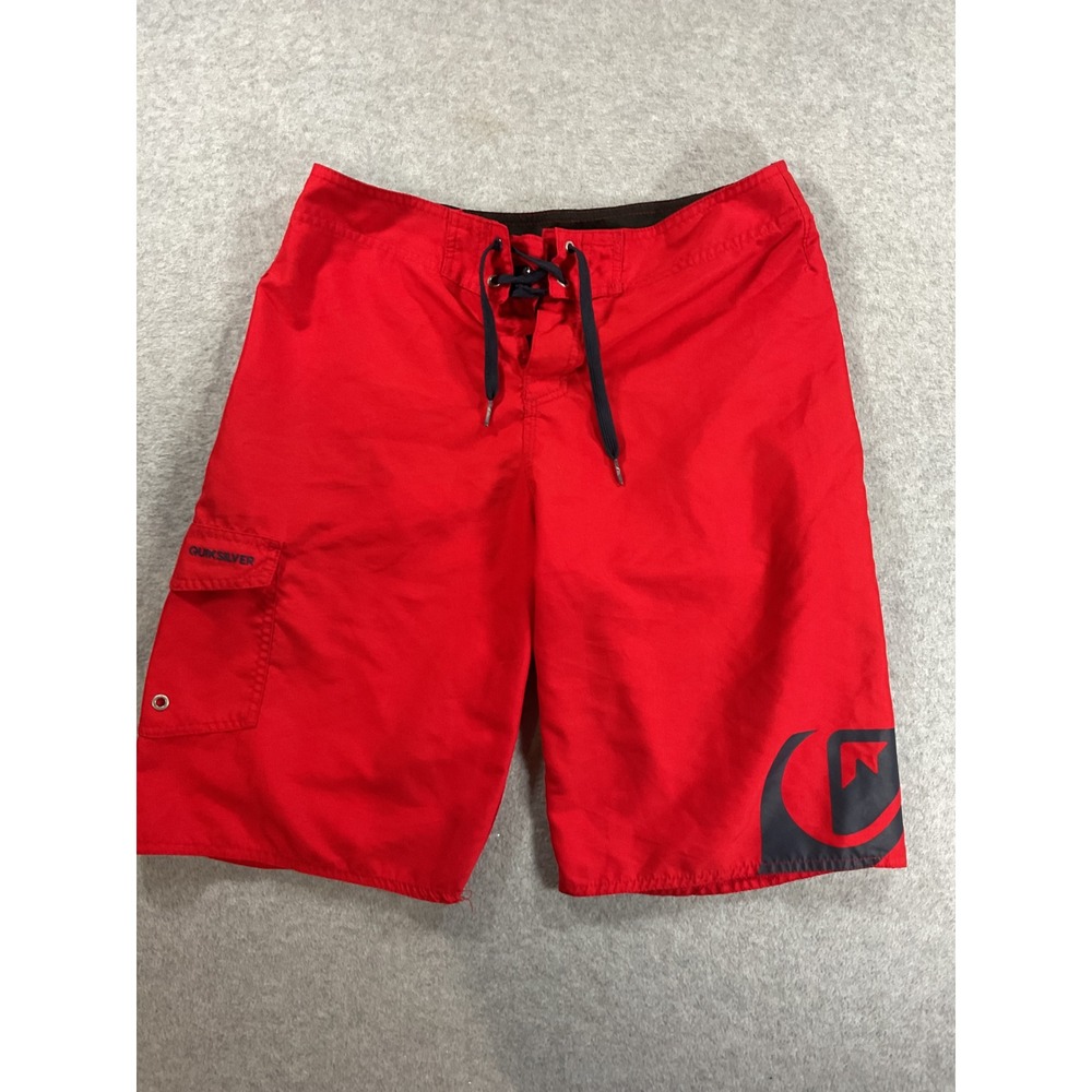 Quiksilver Mens Red Board Shorts Cargo Pocket Swim Trunks Size 31 Logo Surf 2403